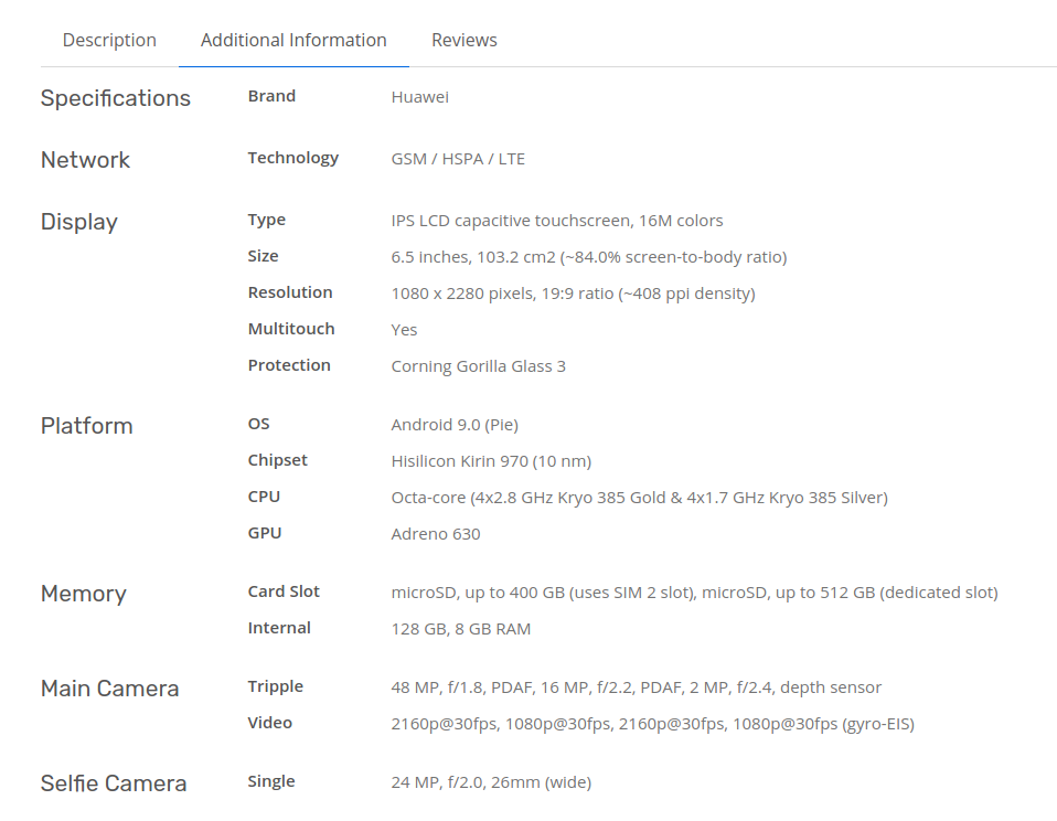 additional information table