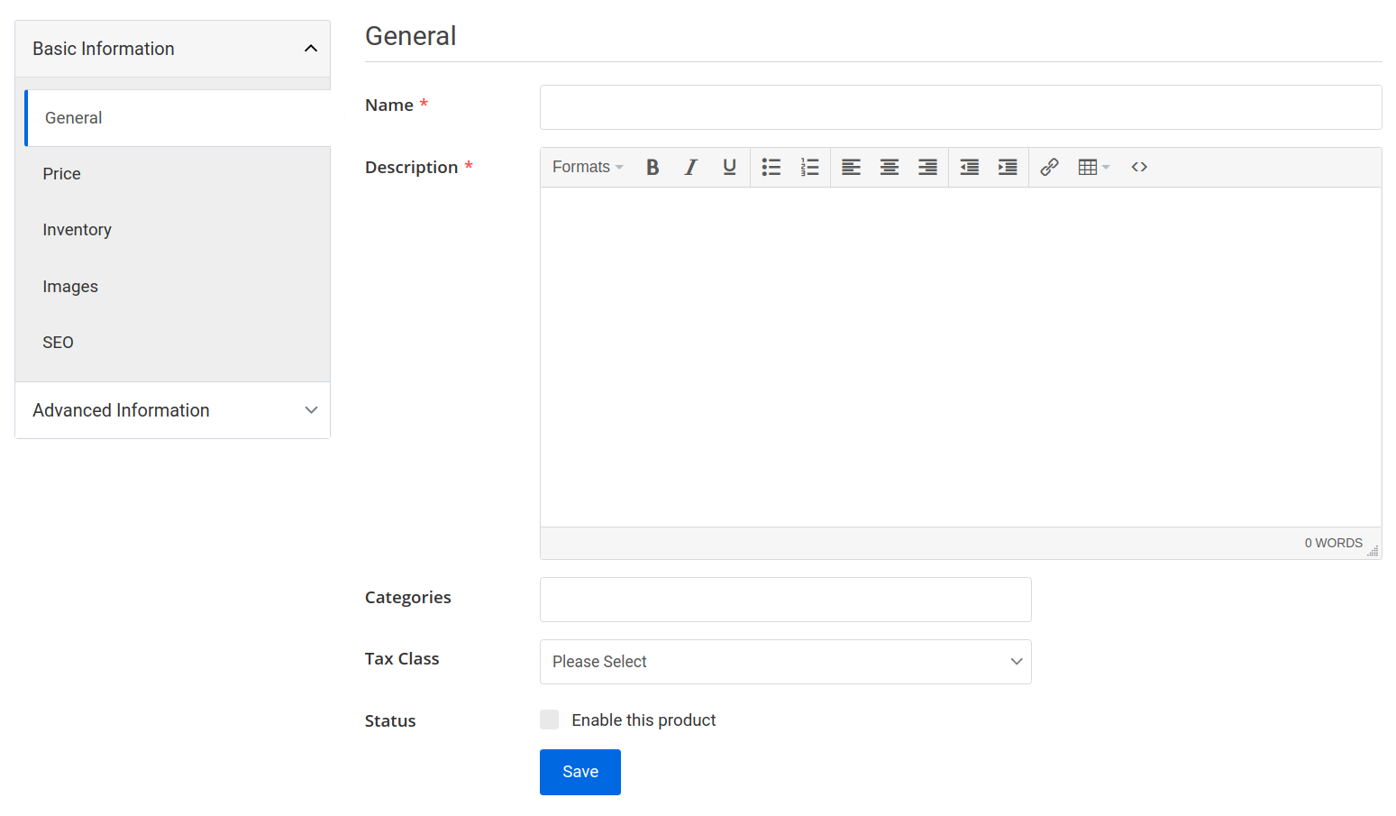 product create page general tab