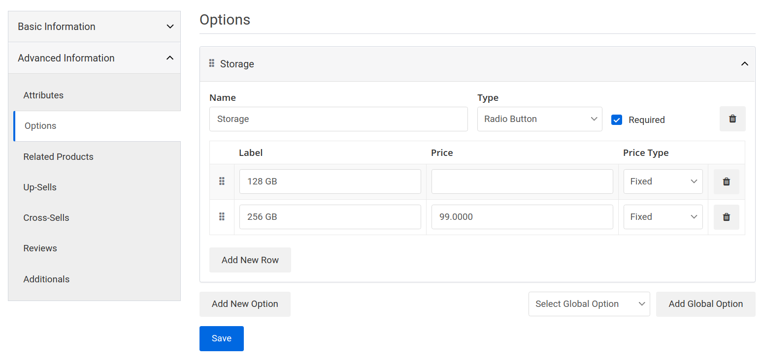 product create page options tab