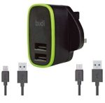 Budi 056U Dual USB Wall Charger with Lightning & Micro USB Cables – Fast Charging Adapter for Smartphones Price in Oman