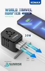 Komax All-in-One 20W World Travel Adapter – Universal Compatibility with USB-C and USB-A Ports, - Image 2