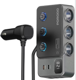 Porodo 120 W Car Charger Hub (PDFWCH070DG) – Triple Socket + 3× USB‑A & 2× USB‑C, Voltage Display – - Image 3