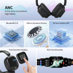Porodo Soundtec Touch Wave ANC Headphones + Detachable Touch Screen (PDJYBN618) – Wireless Over-Ear ANC Headset with Foldable Design (Price In Oman) - Image 5