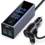 Powerology 2AC Socket Car Power Inverter PWCUQC044 — 300W Dual AC Outlets, PD 36W USB-C, USB-A QC, Voltage Display & Safety Protection (Gray)