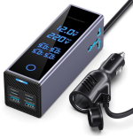 Powerology 2AC Socket Car Power Inverter PWCUQC044 — 300W Dual AC Outlets, PD 36W USB-C, USB-A QC, Voltage Display & Safety Protection (Gray)