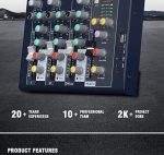 Professional 4-Channel Live Audio Mixer – USB & Bluetooth Connectivity, Built-in Effects, Phantom Power, Compact Design, - Image 2